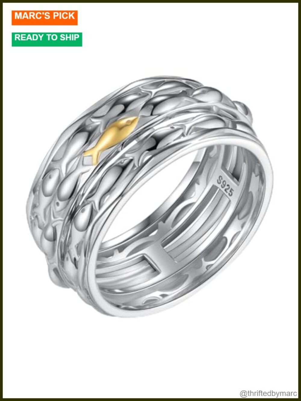 TYSO Fish Anxiety Ring 925 Sterling Silver Spinner Fidget Ring for Women Men